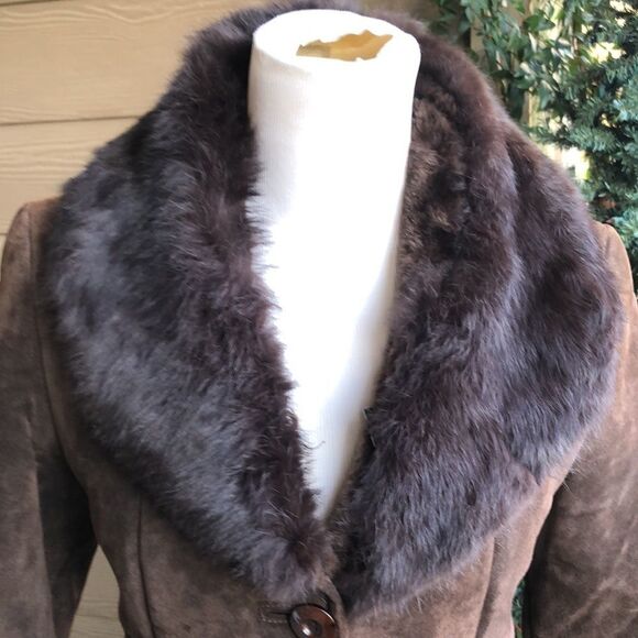 Vintage British Knoles & Carter Chocolate Suede, Fur Trim/Collar Faux Fur Lining - Picture 3 of 15